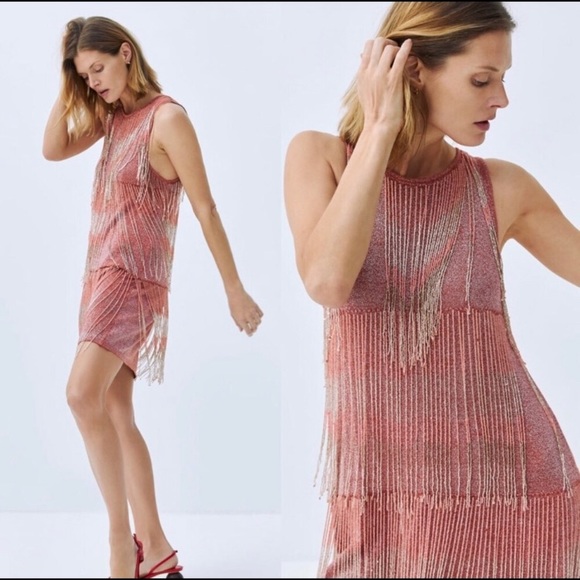 zara pink fringe dress